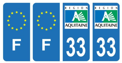 HADEXIA Nummernschild-Aufkleber, französisches Departement 33, Antike Region Aquitaine & F, Frankreich, 4 Stück