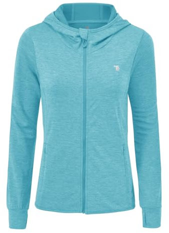 donhobo Damen Langarm Fitness Laufjacke voll Reißverschluss Sportjacke Leichte Atmungsaktiv Kapuzenjacke mit Daumenloch und Seitentasche (Himmelblau, XXL)