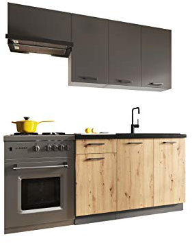 Küche Lakard II 120 / 180 cm, Küchenblock / Küchenzeile, 5 Schrank-Module frei kombinierbar, Arbeitsplatte im Set, Metallbox (Asche / Artisan + Graues Graphit + Schwarzer Stein, mit LED Beleuchtung)