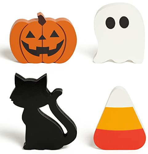 WATINC 4pcs Halloween Tiered Tray Sign Wooden Table Decor Items, Happy Halloween Party Trick or Treat Black Cat Pumpkin Ghost Wood Centerpiece Table Decoration, Fall Rustic Farmhouse Tabletop Décor