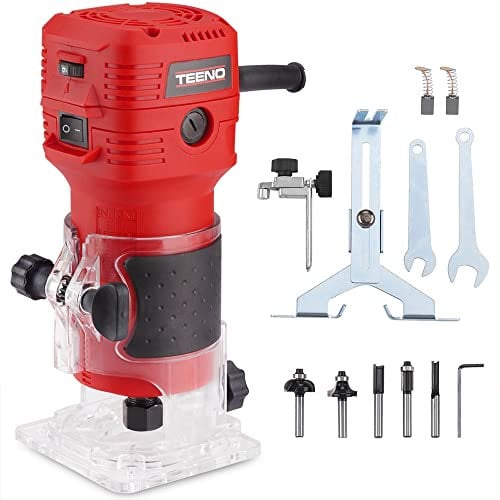 TEENO Affleureuse à Bois 650W 15000-32000 RPM, 6 Vitesses Variables, Profession Défonceuse Électrique Avec 5 Fraises à Défoncer Queue de 1/4, Base Fixe Mèches 6.35mm, BOÎTE DE COULEUR