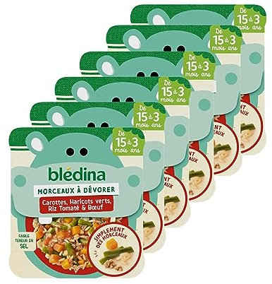 Blédina Morceaux à Dévorer - Petits Plats Bébé - Carottes, Haricots Verts, Riz Tomaté & Bœuf - Dès 15 Mois - Le Pack de 6 Plats de 200g