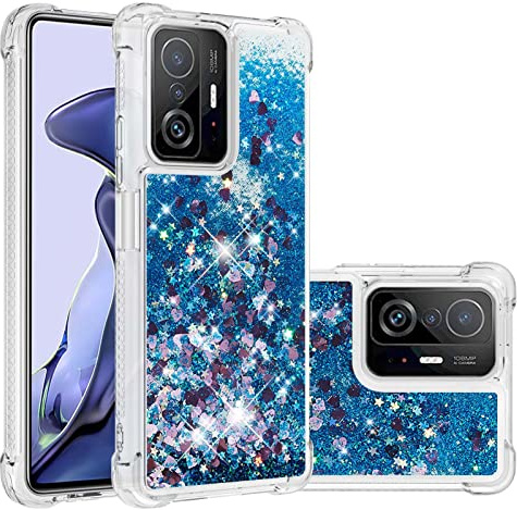 IMIRST Silikon Handy Hülle für Xiaomi 11T Pro, Ecke Airbag Fallschutz Glitzer Treibsand Stoßfest Handyhülle TPU Bumper Sparkle Case für Xiaomi 11T Pro. YBW Love Blue