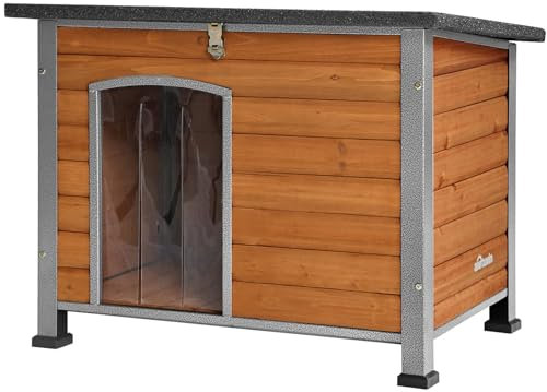 Aivituvin Outdoor Dog House with Insulated Liner, Large Waterproof Dog Kennel for Winter,Unique All-Around Iron Frame (Brown, Large)