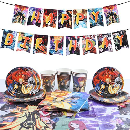 Vajilla Anime, Juego de Vajilla para Fiestas, Vajilla con Temática de Anime, Decoración de Cumpleaños para Niños, Party Supplies Vajilla Incluye Pancarta Manteles Plato Tazas Servilletas