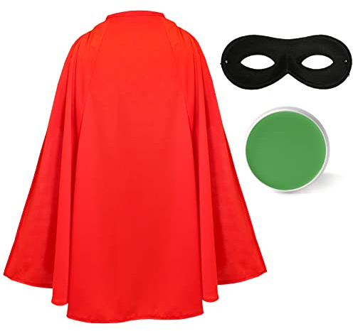 Child's Bad Pea Costume Set - Red Cape + Black Eye Mask + Green Facepaint - Evil Pea Costume Perfect For World Book Day School Book Week Fancy Dress