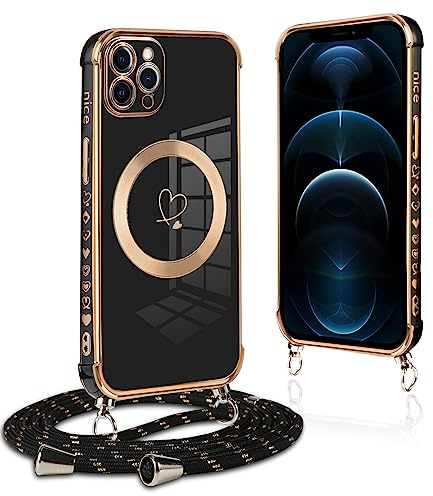 Pnakqil Handykette für iPhone 12 Pro Hülle mit Band, Kompatibel mit MagSafe, Handyhülle Ultra Dünn Silikon Magnetisch mit Herz Love Muster Schutzhülle mit Kordel für iPhone 12 pro 6.1 Zoll, Schwarz