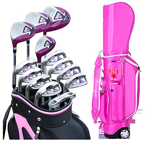 Damen-Golfschläger-Set für die Linke Hand, komplette Golfschläger für Damen, Graphit-Kohlenstoffstahl-Schaft mit Rollentasche (13-teilig)