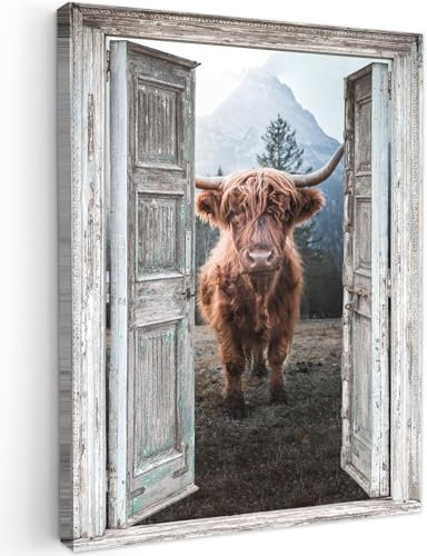 MuchoWow© Bilder 60x80 cm Wohnzimmer Deko Modern Wandbild Foto auf Leinwand Bild Schlafzimmer Room Decor Geschenke Schottische Highlander - Kuh - Landleben - Fensterblick