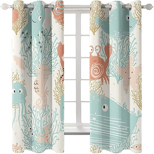 PEIHUODAN Blaue Unterwasserwelt Vorhänge - Kinderzimmer Vorhänge Cartoon Koralle Wal Seestern Seepferdchen gedruckt Blau Weiß Vorhänge, Blackout Vorhänge Satz von 2 Panels (Beige, W75cm x D166cm*2)
