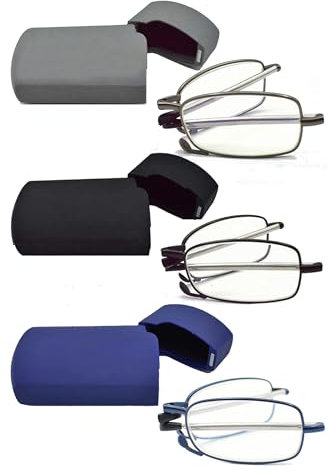 2 Pairs Blue Light Blocking UV Protection Compact Foldable Unisex Reading Glasses Reading Glasses Included, Black / Grey / Blue, Medium