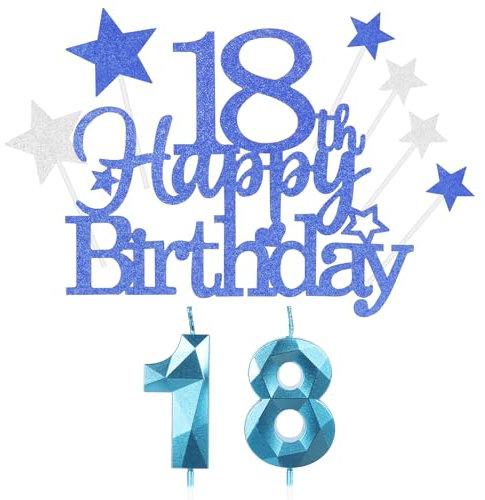 Yiran Personalised Blue Happy 18th Birthday Cake Topper with Number 18 Candles Star Cupcake Toppers Decorations Set for Her Him Boy Men Girl Kids Anniversary - (Set 9), LZ-LSCP18