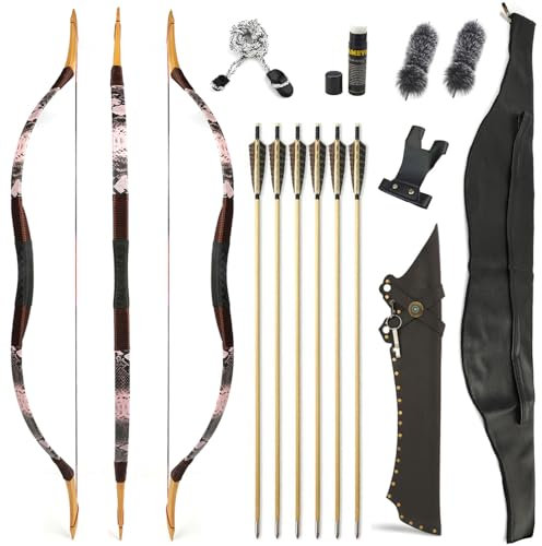 SHARROW Traditioneller Bogen Recurve Bogen und Pfeile Set Langbogen 20-50lbs Handgemacht Holzbogen Reiterbogen Sportbogen Jagdbogen für Erwachsene und Anfänger(Type 19, 50lbs)