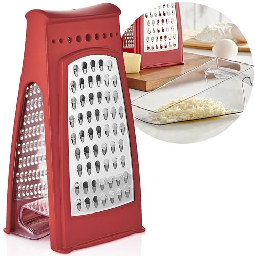 uandu Râpe de cuisine, double cantique, râpe grossière et fine, avec récipient de récupération, antidérapante, convient pour fruits, légumes, fromage, râpe à fromage, ail, râpe à légumes, rouge