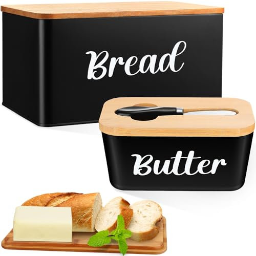 Hushee Metal Bread Box and Butter Dish with Bamboo Cutting Board Lid and Knife Bread Storage Container Breadbox for Kitchen Counter Butter Organizer for Kitchen Countertop Decoration(Black)