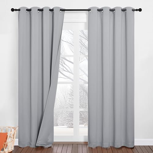 PONY DANCE Schallschutz Vorhang mit Abnehmbarem Filzfutter 2er Set H 213 x B 132 cm Dreilagige Verdunklungsgardine Ösen Dicke und Schwere Vorhänge Hitzeschutz Thermogardinen, Silbergrau