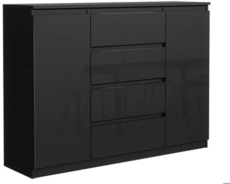 MebLocker Kommode 120 cm, 4 Schubl., 2 Türen, Schwarz Hochglanz-Fronten | Sideboard, Wohnzimmer Flur Schlafzimmer, Moderne Schlafzimmermöbel, Kommodenschrank 120,4x101,5x39 cm