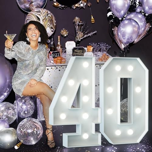 40th Birthday Decorations for Women Men: 3FT Large Light Up Numbers 40th Wedding Anniversary Party Decor Big Marquee Number for Light Up Balloons Birthday Cardboard Mosaic Balloon Arch Pre-cut Foam