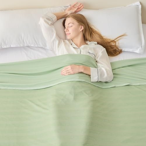 EMME Kühldecke Kühlende Decke, Arc-Chill Q-Max 0.5, 274 x228 cm, 2 in 1 Doppelseitige Dünne Sommerdecke, Leicht Atmungsaktiv Tagesdecken, Sofa Decken,Bettüberwurf Groß Kuscheldecke,Grün Gestreift