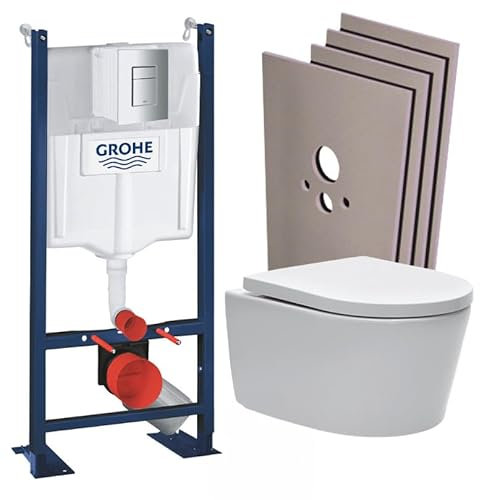 Hänge WC Sitz Mit Absenkautomatik - RapidSL-Gestell, unsichtbare Befestigungen, Softclose-Toilettensitz, matte Chromplatte, Ausstattungsset, Vorwandelement Anschluss Set, Kloschüssel, Komplettset