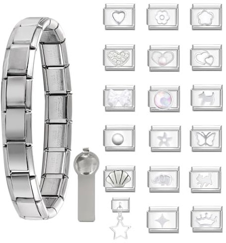 Greenyre 20PCS Italian Charm Bracelet Set,Classic Glieder italian charms 9mm Edelstahl Modul italienische Armbänder mit Öffnungswerkzeug,Italian Style Charms für Damen