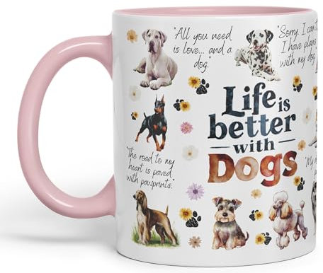 Vixar Life is Better with Dogs Joke Pets Ceramic Coloured Mug Cup for Tea Coffee Hot Brew 330ml 11Oz Gift (Pink)