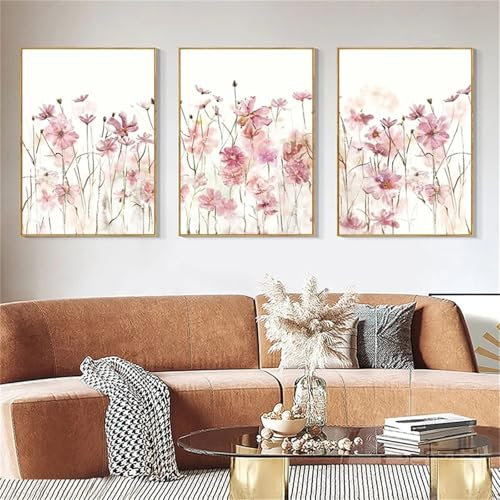 champracer Bilder Wohnzimmer 3er Set, Aquarell Floral Bilder Wanddekoration Leinwand Kunstposter, Ohne Rahmen Leinwand Blumen Wandbilder, Kunstposter für Schlafzimmer Büro Wanddeko (50 x 70 cm,D)