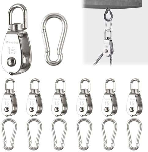 12 Stück M15 Umlenkrolle, 6 Stück Umlenkrolle M15 & 6 Stück Karabiner M4, Edelstahl Umlenkrollen für Drahtseile Seile Bis 6 mm Durchmesser, Tragkraft 35kg (Silber) Rolle für Sonnensegel, Fitness