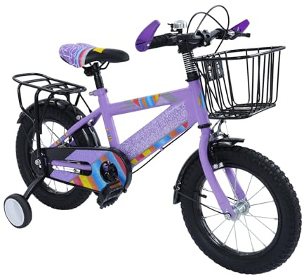 BJTDLLX 14 Zoll Kinderfahrrad mit Korb und Hinterradsitz, Kinderfahrrad mit Stützrädern für 3-6 Jahre, Mädchen 3 Rad Fahrrad Jungen Kinder Fahrrad, Höhenverstellbar, 50kg Tragfähigkeit (Lila)