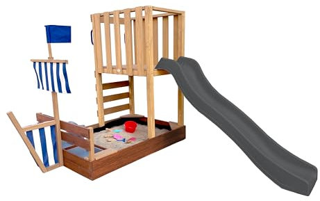 AXI Vicky Spielturm aus Holz in Braun mit Grauer Rutsche | Spielturm für Kinder mit Sandkasten, Spielküche & Kreidetafel | Vielseitiges Spielgerät für den Garten
