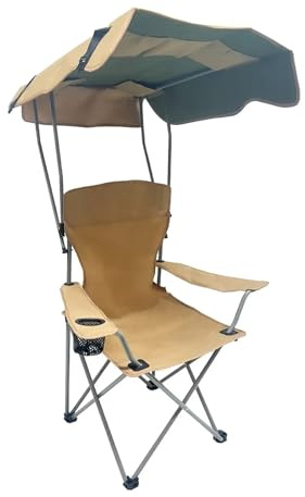 xjdagaoge Portable Camping Chair with Awning, Lightweight Folding Camping Chair with Armrests and Cup Holder, Suitable for Outdoor, Fishing, Beach(Beige)