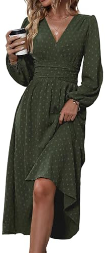 HUXRAKV Casual Wrap Dresses for Women UK Elegante Ladies V Neck Long Lantern Sleeve Ruffled Waist Maxi Party Dress