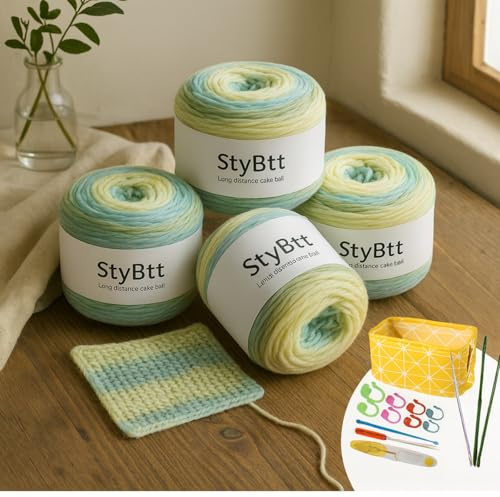 StyBtt Farbverlaufsgarn 400g (4x100g), Bobbel Wolle Farbverlauf 4-fädig, Weiches Farbverlaufswolle Häkel, für Schals, Pullover, Decken, mit Häkelnadel Set & Aufbewahrungskorb (Frühlingswiese)