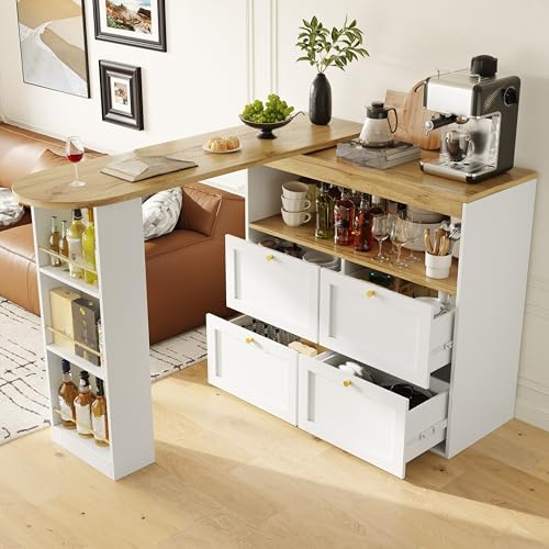 Gxffipw 360° Drehbarer Bartisch Höhe 102 cm mit 4 Schubladen und Ebenen Offener, Esstisch Ausziehbar mit Stauraum, Sideboard Bartisch Küche mit Regal, Küchenschrank Barschrank für Esszimmer, Weiß