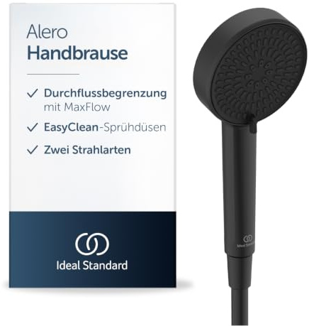 Ideal Standard Alero 2-Funktionshandbrause – Schwarz Matt | Gezielte Durchflusssteuerung, Duschkopf mit 2 Strahlarten, Standard G1/2 Anschlussgewinde, EasyClean, BE182XG