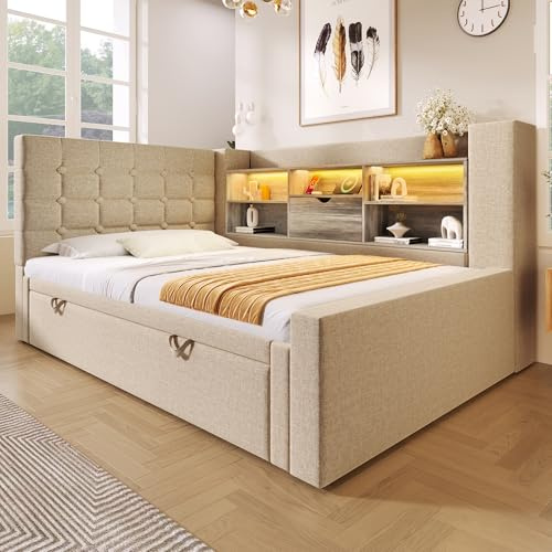 RIAZOS 3ft Single Upholstered Daybed with Trundle & Storage, Linen Sofa Bed with USB/Type-C Charging Station, for Living Room and Bedroom, 90x190 cm, No Mattress (Beige)