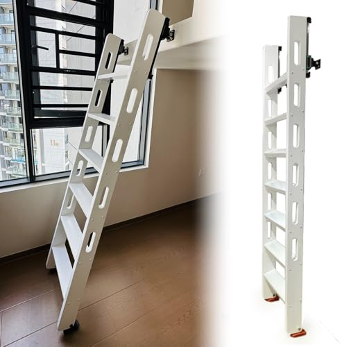 Heavy Duty White Wood Sliding Loft Ladder 5 Step Anti Slip Wall Mounted Bunk Bed Access Stairs Indoor Emergency Climbing Solution (1.56m/5.1ft)
