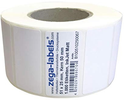 Inkjet Etiketten auf Rolle - 51 x 25 mm - 1.000 Stück je Rolle - Kern: 50 mm - Papier weiss matt - aussen gewickelt - permanent haftend - Druckverfahren: Ink Jet (Rollen Tintenstrahl Drucker)