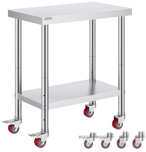 Mophorn Table de Travail Cuisine 76x46x86 cm Table de Travail Inox avec Roulettes et Freins Capacité de Charge 100 kg pour Préparation des Repas Cafétérias Hôtels Hôpitaux Cliniques Restaurant