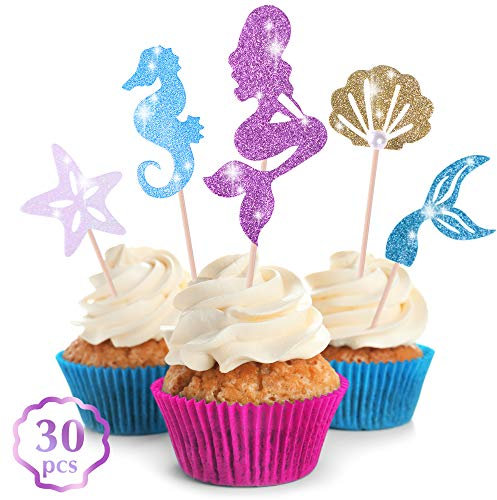 Get Fresh Mermaid Cupcake Toppers Set - 30 Stück Glitzer Meerjungfrauen Kuchendekoration Topper für Meer Party - Glitter Under The Sea Seepferdchen Starfish Schwanz Kuchen Picks fur Geburtstag Party