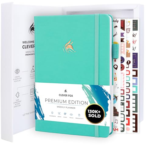 Clever Fox Planner Premium, Undated Weekly & Monthly Planner, Turquoise | Advanced planner with gift box & stickers, daily day organizer for women, men & entrepreneurs, A5 eco leather hard cover