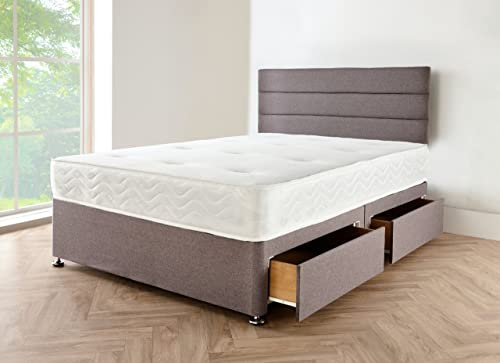 DECORE4U LTD Luxurious Grey Linen Divan Small Double Bed with Mattress – Elegant 10 Spring Memory Foam | Bed Frame with Supportive 2 Storage Drawers & Stylish 20” Horizontal Line Headboard