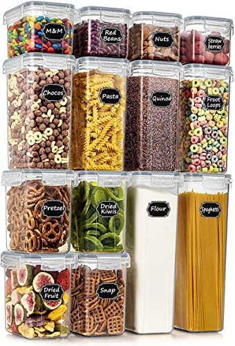 Wildone Frischhaltedosen, luftdicht, BPA-frei, für Müsli und trockene Lebensmittel, 14 Stück, für Zucker, Mehl, Snacks, Backzubehör, grauer Deckel mit 20 Kreidetafel-Etiketten und 1 Marker.