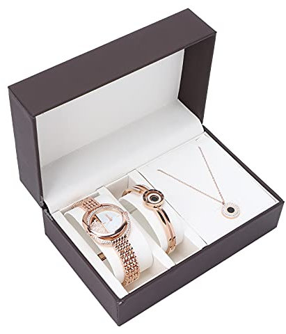 Uhr mit Armband Set, Business Stilvolle Damenuhr Armband Halskette Set Jubiläum Geburtstagsgeschenk Armbanduhr Armreif Armband Schmuck Set Metall Analog Armbanduhr Für Damen(Roségold)