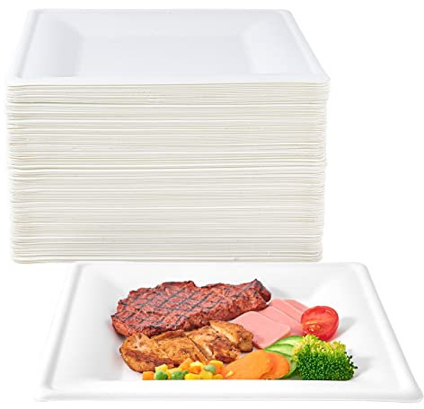 ECOLipak 150 platos de papel cuadrados compostables, platos desechables resistentes de 10 pulgadas, platos ecológicos biodegradables de bagazo de caña de azúcar para fiesta, cena, cumpleaños