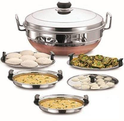 All-in-One Stainless Steel Idli Cooker Multi Kadai Steamer with Copper Bottom, Big Size with 5Plates 2Idli; 2 Dhokla; 1 Patra Induction & Standard Idli Maker (5 Plates, 14 Idlis)