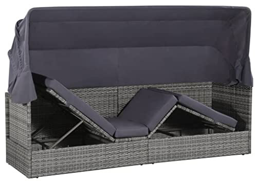 KOIECETA Gartensofa mit Sonnendach Sonnenliege Gartenliege Lounge Gartenbank Gartenbett Sofa Gartenmöbel Liege Relaxliege Sofabett Poly Rattan (Grau und Dunkelgrau)