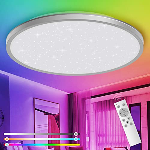 Plafonnier LED,Luminaire Plafonnier 24W avec Télécommande Sans Fil,Plafonnier Dimmable de Étoile 3200LM 13 RGB Backlight Rond,IP54,Plafonnier Salon,Salle de Bain,Chambre,Cuisine,Ø29,5cm