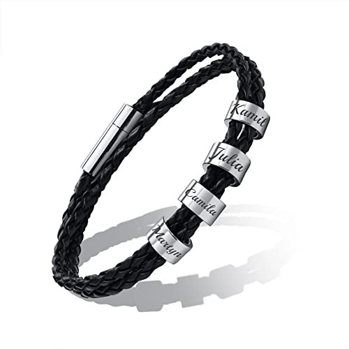 Personalisierte Namen Perlen Armbänder - Benutzerdefinierte Unisex Dreifach Wrap Geflochtene Leder Armbänder Individuelles Initial Edelstahl Charm Armband Für Familie Freund, Gravur 4 Namen ID Armband