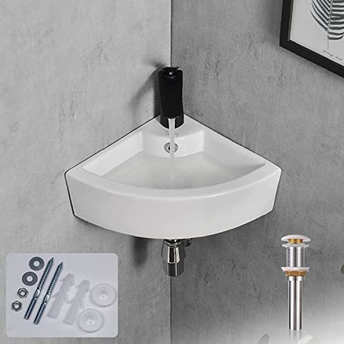 Davivy Évier de salle de bain d'angle de 45,7 x 33 cm avec drain pop-up et kit d'installation, évier d'angle à montage mural, évier d'angle en céramique, petit évier d'angle, évier blanc, petit évier